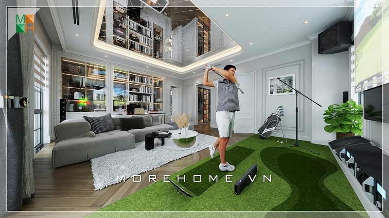 Nội thất phòng khách được thiết kế độc đáo thoáng đãng với điểm nhấn là sofa vải êm ái mới lạ cùng sân golf nhỏ là lựa chọn hoàn hảo cho căn hộ chung cư thông tầng.