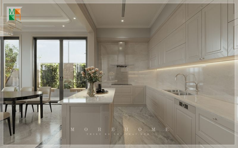 Tủ bếp chữ L gỗ tự nhiên màu trắng hiện đại rộng rãi thoáng đãng sử dụng tiện nghi nhanh chóng, với ưu điểm cất chứa những vật dụng, đồ bếp gọn gàng ngăn nắp.